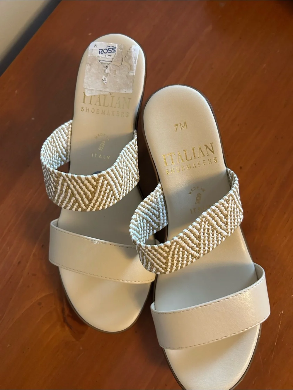 Women's Cream Two-Band Wedge Slide Sandals with Woven Accent